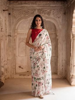 Jaipur Kurti - White Pure Cotton Floral Saree with Unstitched Blouse