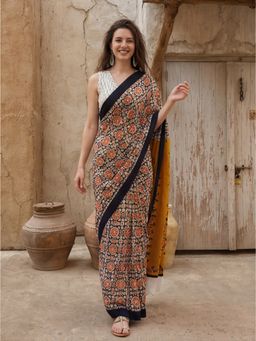 Jaipur Kurti - Mustard Pure Cotton Floral Saree with Unstitched Blouse
