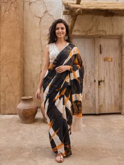 Jaipur Kurti - Navy Blue Pure Cotton Tie & Dye Saree with Unstitched Blouse