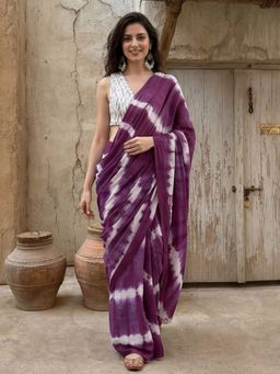 Jaipur Kurti - Purple Pure Cotton Tie & Dye Saree with Unstitched Blouse