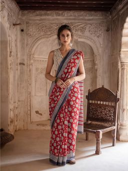 Jaipur Kurti - Red Pure Cotton Floral Saree with Unstitched Blouse