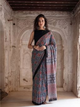 Jaipur Kurti - Navy Blue Pure Cotton Printed Saree with Unstitched Blouse