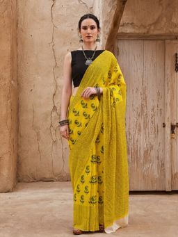 Jaipur Kurti - Yellow Pure Cotton Paisley Saree with Unstitched Blouse