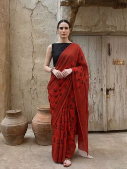 Jaipur Kurti - Red Pure Cotton Paisley Saree with Unstitched Blouse