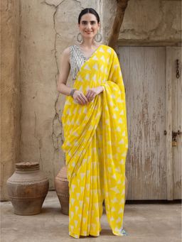Jaipur Kurti - Yellow Pure Cotton Geometric Saree with Unstitched Blouse