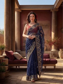 Jaipur Kurti - Navy Blue Net Embroidered Saree with Unstitched Blouse