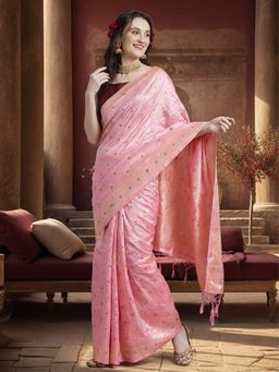 Jaipur Kurti - Peach Silk Blend Woven Saree with Unstitched Blouse