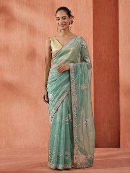 Jaipur Kurti - Green Net Embroidered Saree with Unstitched Blouse