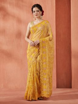 Jaipur Kurti - Yellow Chiffon Printed Saree with Unstitched Blouse