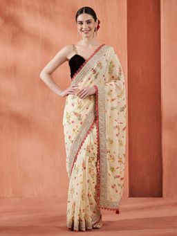 Jaipur Kurti - Off White Satin Embroidered Saree with Unstitched Blouse