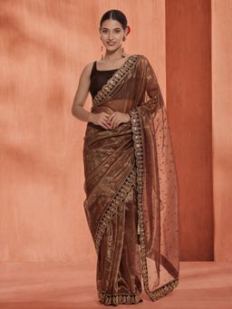 Jaipur Kurti - Brown Net Embroidered Saree with Unstitched Blouse
