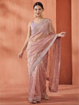 Jaipur Kurti - Pink Net Embroidered Saree with Unstitched Blouse