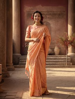 Jaipur Kurti - Silk Blend Peach Woven Saree with Unstitched Blouse