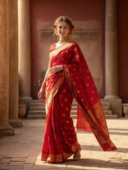 Jaipur Kurti - Red Silk Blend Woven Saree with Unstitched Blouse