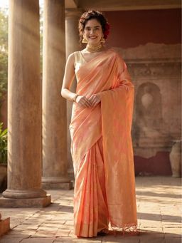 Jaipur Kurti - Peach Silk Blend Woven Saree with Unstitched Blouse