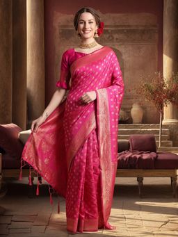 Jaipur Kurti - Pink Silk Blend Woven Zari Saree with Unstitched Blouse