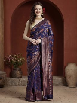 Jaipur Kurti - Navy Blue Silk Blend Woven Saree with Unstitched Blouse