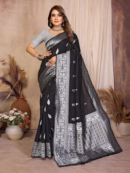 Vedant Vastram - Black Litchi Silk Banarasi Silk Jacquard Saree with Unstitched Blouse
