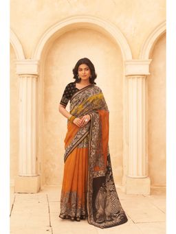 Ekana Label - Orange Papaya Pop Saree with Unstitched Blouse