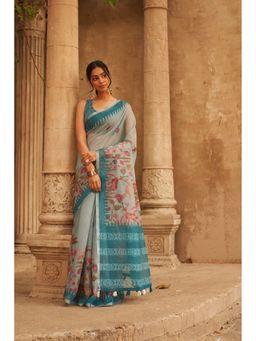 Ekana Label - Blue Palm Paradise Saree with Unstitched Blouse