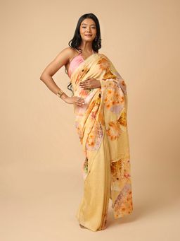 Navyasa By Liva - Navyasa Beige Liva Linen Abstract Digital Print Saree with Unstitched Blouse