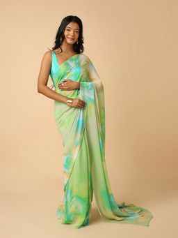 Navyasa By Liva - Navyasa Neon Green Liva Chiffon Floral Digital Print Saree with Unstitched Blouse