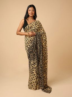 Navyasa By Liva - Navyasa Beige Liva Chiffon Floral Digital Print Saree with Unstitched Blouse