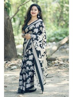 Mysilklove - Black Eel Ajrakh Printed Satin Crepe Silk Saree with Unstitched Blouse