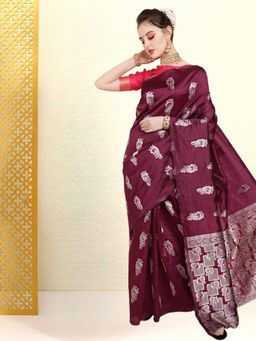 Kartika - Wine Pashmina Floral Print and Paisley Border Saree with Unstitched Blouse