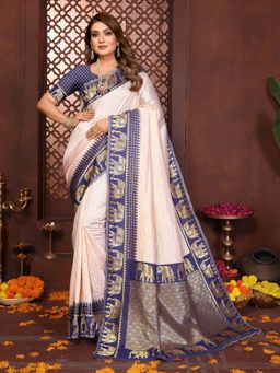 Vedant Vastram - Navy Blue Litchi Silk Banarasi Silk Jacquard Saree with Unstitched Blouse