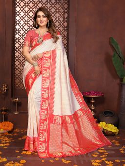 Vedant Vastram - Red Litchi Silk Banarasi Silk Jacquard Saree with Unstitched Blouse