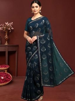 Kartika - Teal Blue Sequin Embroidered Motifs Saree with Unstitched Blouse