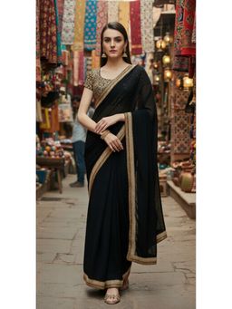Kartika - Black Gold Embroidered Border Elegant Ethnic Saree with Unstitched Blouse