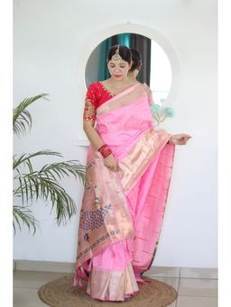 Vedant Vastram - Peach Soft Litchi Silk Paithani Jacquard Saree with Unstitched Blouse
