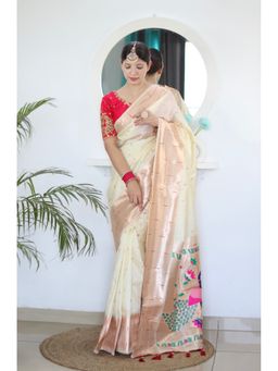 Vedant Vastram - Cream Soft Litchi Silk Paithani Jacquard Saree with Unstitched Blouse