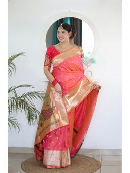 Vedant Vastram - Magenta Soft Litchi Silk Paithani Jacquard Saree with Unstitched Blouse