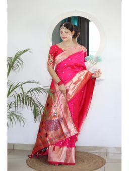 Vedant Vastram - Pink Soft Litchi Silk Paithani Jacquard Saree with Unstitched Blouse