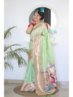 Vedant Vastram - Olive Soft Litchi Silk Paithani Jacquard Saree with Unstitched Blouse