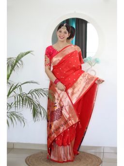 Vedant Vastram - Red Soft Litchi Silk Paithani Jacquard Saree with Unstitched Blouse