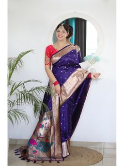 Vedant Vastram - Indigo Soft Litchi Silk Paithani Jacquard Saree with Unstitched Blouse