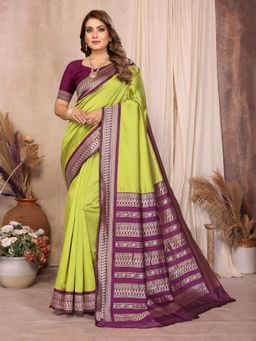 Vedant Vastram - Olive Litchi Silk Banarasi Silk Jacquard Saree with Unstitched Blouse
