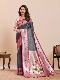 Vedant Vastram - Navy Blue Soft Litchi Silk Paithani Jacquard Saree with Unstitched Blouse