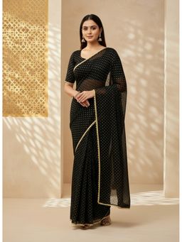 Kartika - Black Georgette with Gold Polka Dot Print Saree with Unstitched Blouse