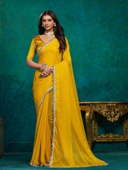 Kartika - Yellow Chiffon with Intricate Fringe Lace Border Saree with Unstitched Blouse