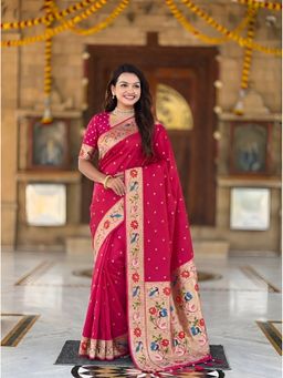 Vedant Vastram - Pink Soft Litchi Silk Paithani Jacquard Saree with Unstitched Blouse