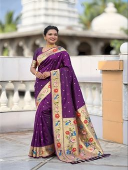 Vedant Vastram - Wine Soft Litchi Silk Paithani Jacquard Saree with Unstitched Blouse