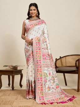 Vedant Vastram - Off White Soft Litchi Silk Pashmina Jacquard Saree with Unstitched Blouse