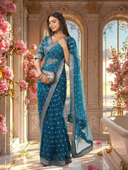 Kartika - Blue Net with Embroidered Border Sequin Saree with Unstitched Blouse