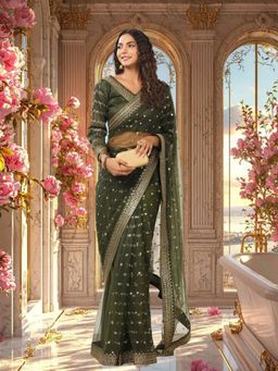 Kartika - Green Net with Embroidered Border Sequin Saree with Unstitched Blouse