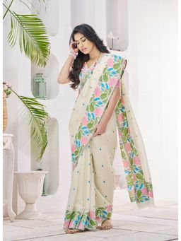 BFM - Cream Linen Silk and Polka Dot Embroidery Design Saree with Unstitched Blouse